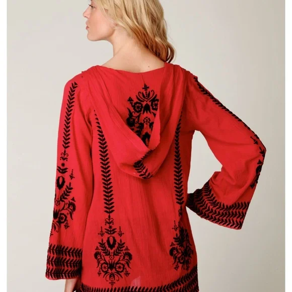 FREE PEOPLE Boho Embroidered Top Tunic or Mini Dress Hooded Swim Cover Up Red - Picture 6 of 15
